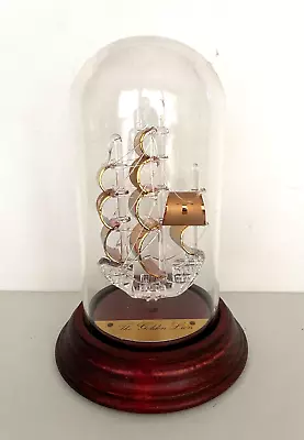 Glass Ship Mayflower Glass Sculpture The Golden Lion In Glass Dome Wood Stand • $15