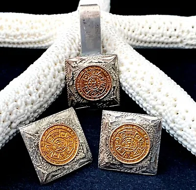 Old Sterling Silver 925 Aztec Mayan Calendar Inca Mexico Tie Bar Cufflinks • $59.50