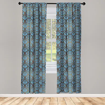 Brown And Blue Curtains 2 Panel Set Damask Motifs • £19.99