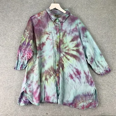 FLAX Top Womens Medium Linen Tie Dye Tunic Button Lagenlook BOHO Artsy Hippie • $38.99