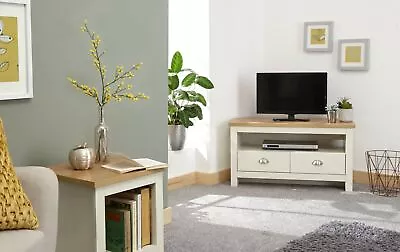 Cream Oak Corner TV Stand Two Tone 2 Drawer Cabinet Television Unit Open Shelf • £117.99