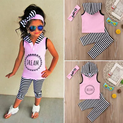 Baby Girls Hooded Sleeveless Top T-shirt Pants Stripes Leggings Outfit Clothes • £11.99