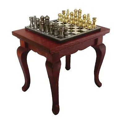 Metal Chess Set With Wooden Table 1:12 Scale Dolls House Miniature Game 1603 • £9.99
