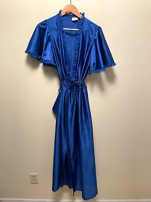 Vintage Val Mode Womens Lingerie Robe Size Medium Blue Satin Lace Trim Belted • $35.89