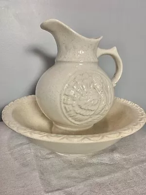 Vintage McCoy Pottery Embossed 3D Turkey Rustic Decor Wash Basin Bowl Pitcher • $19