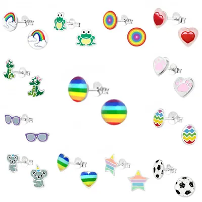 925 Sterling Silver Earrings Studs Unicorn Rainbow Frog Heart Star Round Cat Dog • £5.45