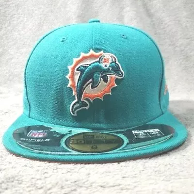New Era 59Fiifty NFL Miami Dolphins Aqua Cap/Hat On Field New Tech Size 8 • $20