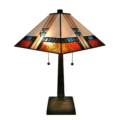 $219.75 • Buy Tiffany Style Square Mission Table Lamp Brown Tan Yellow Stained Glass Shade 