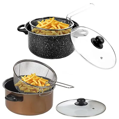 Non Stick Chip Pan Deep Fat Fryer Cooking Pot Frying Basket With Lid Set 24cm 9  • £12.99