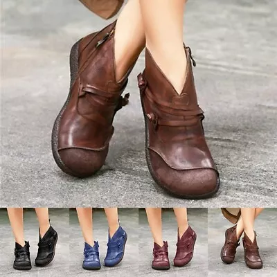 Womens Vintage Flat Ankle Boots Winter Casual Zip Round Toe Faux Leather Boot • $43.53