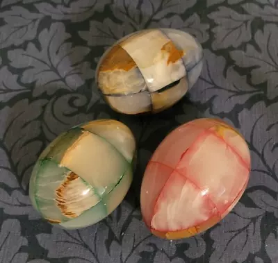 3 Vintage Onyx Marble Eggs  Pink Blue  Green In Patchwork 3 X2  • $24