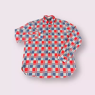 J. Crew Classic Flannel Shirt Men Large Gray Red Blue Plaid Checks Long Sleeve • $25.88