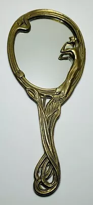 Vtg Brass Art Nouveau Small Hand Mirror Lady Gazing French Floral Design Ornate • $75