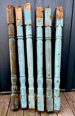 Antique Turned Wood Spindle Baluster Hardwood 34”Long Chippy Blue Green * ONE * • $21.99