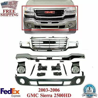 Front Bumper Chrome Kit With Brackets + Grille For 2003-2006 Sierra 2500HD 3500 • $772.82