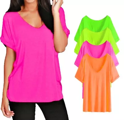 Ladies Turn Up Sleeve V Neck T Shirts Womens Baggy Loose Fit Oversized Party Top • £6.99