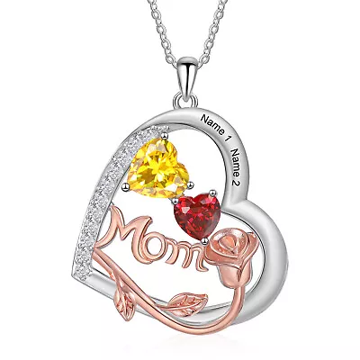 Family Birthstone Rose Heart Necklace Personalized For Mom Custom Jewelry • $16.15