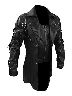 Mens Goth Matrix Trench Coat Black Leather Steampunk Jacket - Garment Chest 44  • $109.99