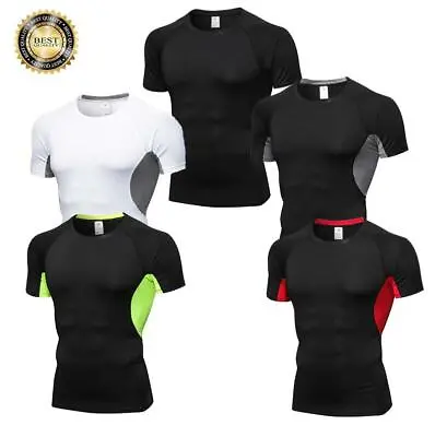 Men's Short Sleeve T-shirt Sports Compression Tight Fitness Base Layer Gym Top • £8.15
