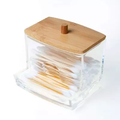 Acrylic Q-Tip Holder With Bamboo Lid - Clear Q-Tips Dispenser Bathroom Container • $11.94