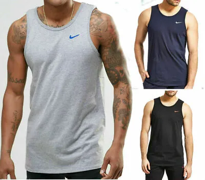 Nike Mens Vest Embroidered Swoosh Logo Summer Tank Top Gym Running Top S M L XL • £14.95