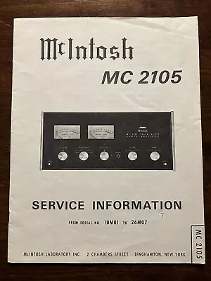 McIntosh MC2105 Power Amplifier Amp Service Information Manual Original Genuine • $24.99