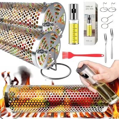 UPGRADED Set Rolling Grilling Baskets Stainless Steel BBQ Grill Vegetable Fish • $24.99