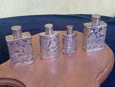 Lot Of 4 Sterling Silver Taxco Floral Design Overlay Perfume Bottles...READ • $58