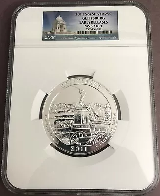 2011 5oz GETTYSBURG AMERICA THE BEAUTIFUL NGC MS69 DPL EARLY RELEASES - POP:161 • $595