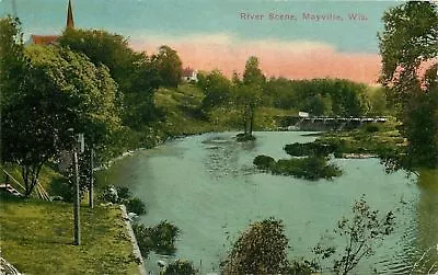 Mayville Wisconsin~Scene Along Rock River~Bridge Over Road~Steps~Steeple~1913 PC • $5