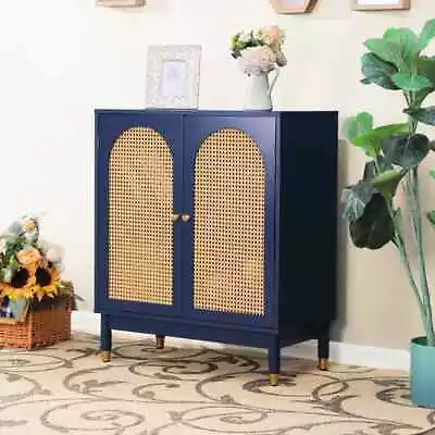 Modern Storage Cabinet Sideboard Buffet Cabinet With Arched Rattan Doors Blue • $159.99