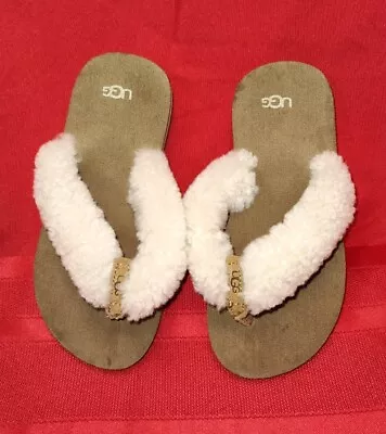 Ugg Fluff Flip Flop Beige/Brown Shearling US 13 Very Good • $20