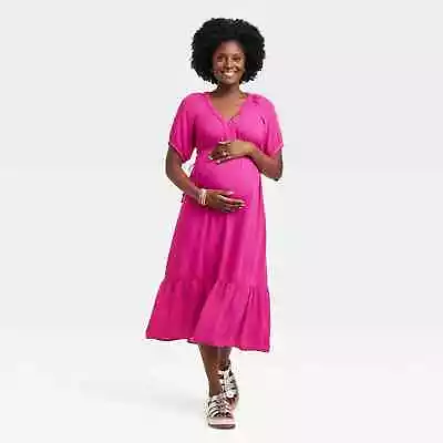 Ingrid & Isabel Elbow Sleeve Cinch Waist Woven Maternity Dress Pink Size Small • $14.51