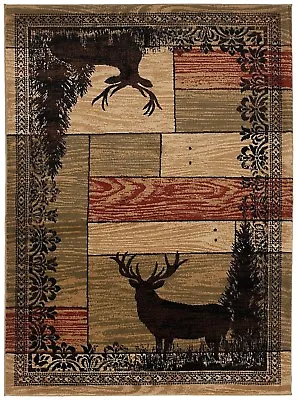 Woodgrain Area Rug Lodge Cabin Deer Buck Doe Antlers Beige *FREE SHIPPING* • $39.99