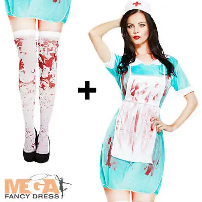 Bloody Zombie Nurse + Stockings Ladies Fancy Dress Halloween Horror Costume  • £8.99