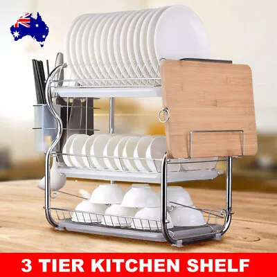 Dish Rack 3 Tier Drying Cutlery Bowl Organiser Sink Drainer Plate Holder Kitchen • $37.95