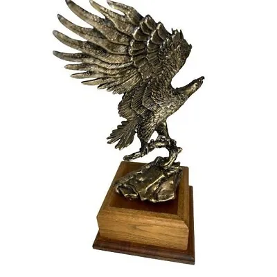 Bronze Eagle Statue - Metal Spread Wing Bookend On Wooden Wedge Base 13 In Tall • $135.99