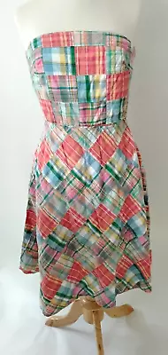 Carole Little Madras Dress Size 8 Plaid Patchwork Strapless Cotton Preppy Lined • $28.95