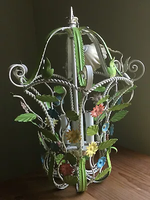 Beautiful Vintage Mid Century Italian Floral Chandelier Tole Metal Birdcage Styl • $315