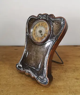 George V Silver Art Nouveau Strut Clock Hammered Silver Moulding Oak Back 1925 • £85
