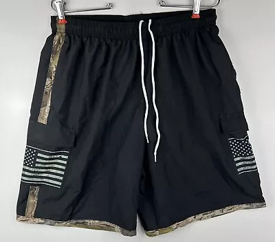 MOSSY OAK Mens Medium Black Camo Flag Cargo Pocket SWIM TRUNKS Swimsuit • $8.32