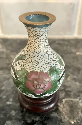 Vintage Miniature White Asian Cloisonné Vase Enamel Over Brass 2 1/8” With Stand • $9.99