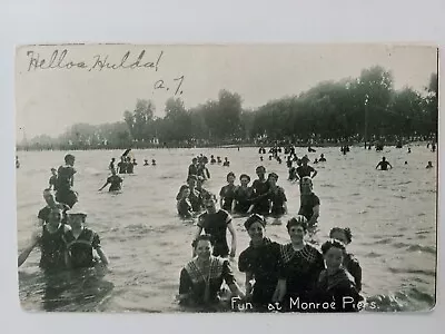 Monroe Michigan Mich Mi Postcard 1907 Swimming Fun At Monroe Piers • $8