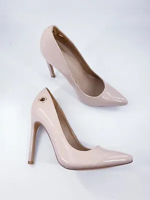 Missguided Size 4 (37) Nude Beige Faux Patent Leather Stiletto Heel Court Shoes • £12