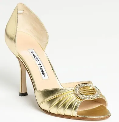 $785 NEW Manolo Blahnik SEDARABY Gold Nappa JEWELED Dorsay Shoes Wedding 41.5 • $450