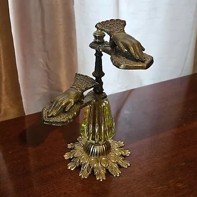 Vintage Antique Glove Stand Hands Clip Letter Holder Brass Yellow Green Glass • $78