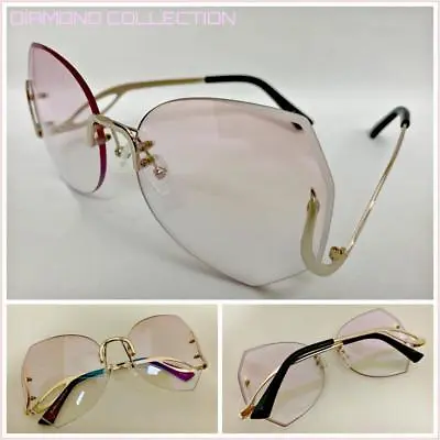 OVERSIZED Vintage Retro Style SUN GLASSES Silver Rimless Frame Pink & Clear Lens • £18.99