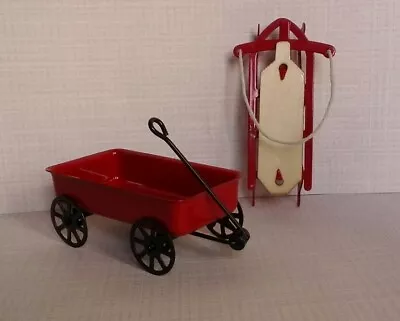 Dollhouse Miniature Outside Toys Red Metal Wagon & Metal W Wood Sled 1:12 Scale • $8.79