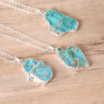 Natural Raw Turquoise Stone Blue Gemstone Pendant Necklace Silver / Gold Chain • $11.90