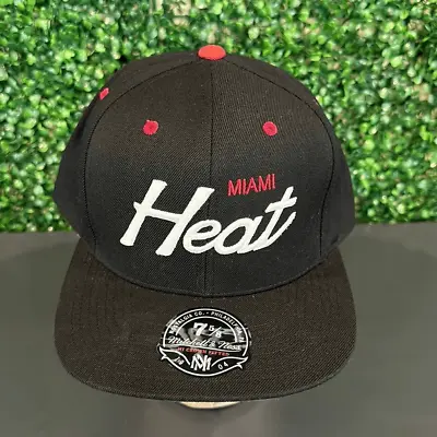 Mitchell & Ness Black Miami Heat Foundation White Script Fitted Hat Size 7 5/8! • $18